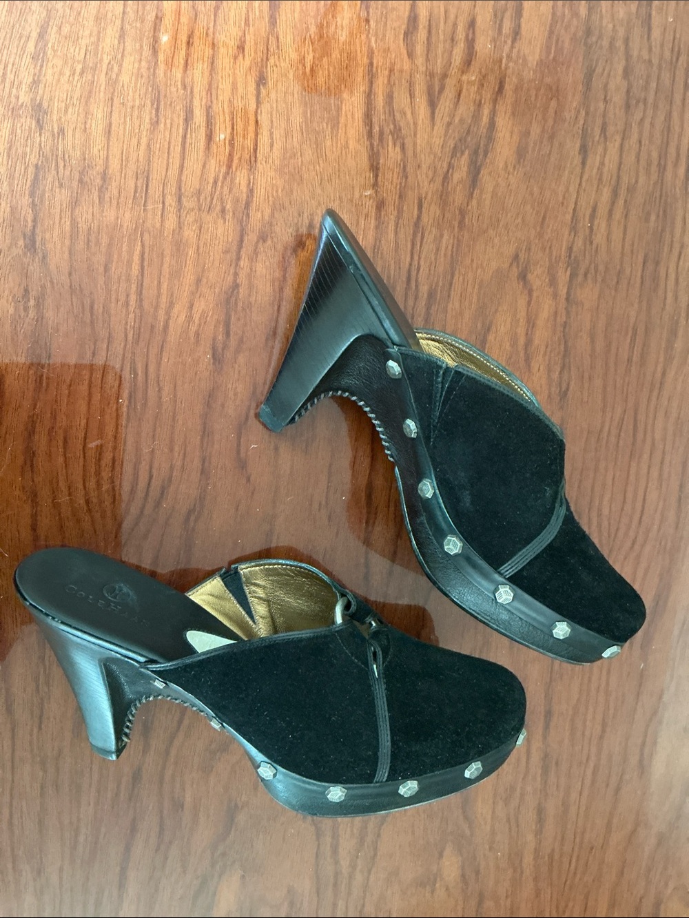 Cole Haan Black Suede Slip-On Mule Sandals with Metal Ring - Picture 2 of 2